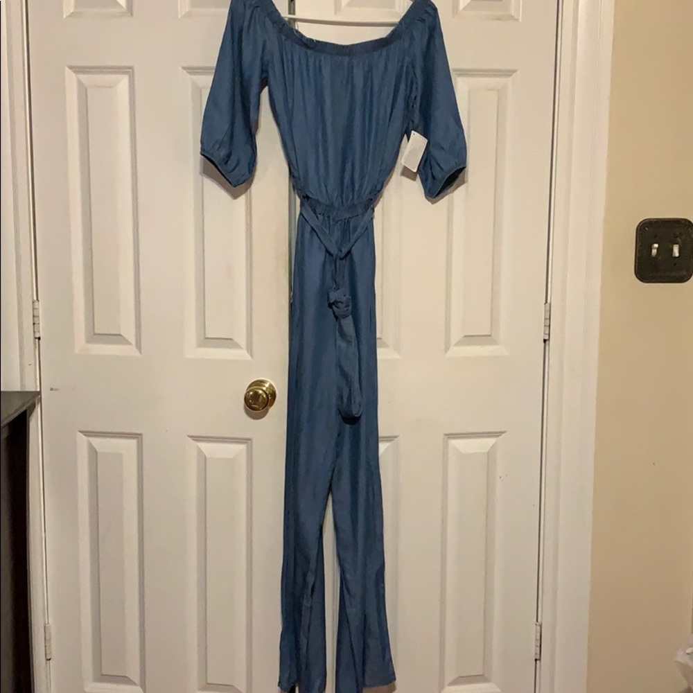 Off shoulder denim jumpsuit